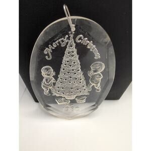 Vintage Amsun Etched Acrylic 1980 Kids Around Christmas Tree Ornament